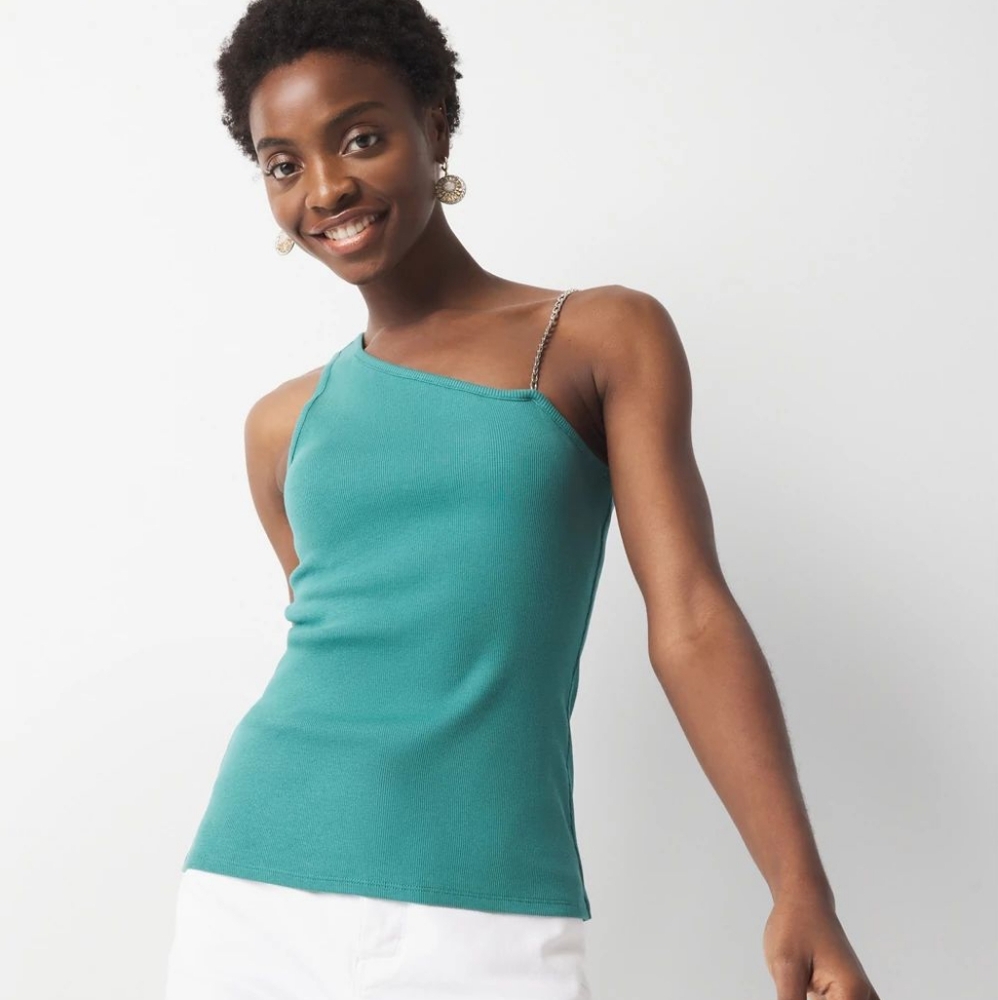 WHBM One Shoulder Chain Strap Top Ocean Waters XS NEW WITH TAGS